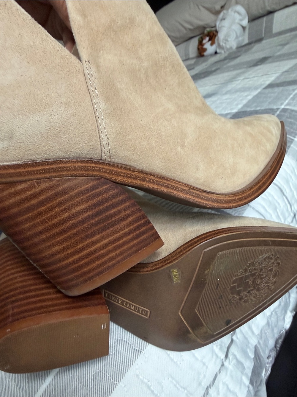 Suede Block‑Heel Ankle Boots in Beige